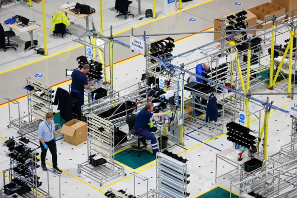 Employees work on ventilator production at an adapted Airbus assembly plant. (Paul Thomas/Bloomberg)