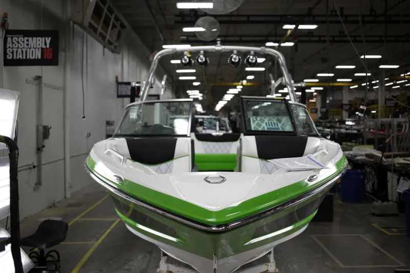 A Mastercraft boat awaits final inspection on the assembly line. (Luke Sharrett/Bloomberg)